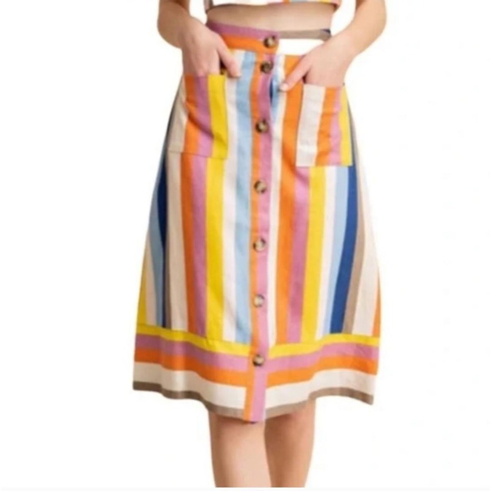 Gilli Striped Button Front Skirt Small Multi Women Linen Cotton Blend Pockets